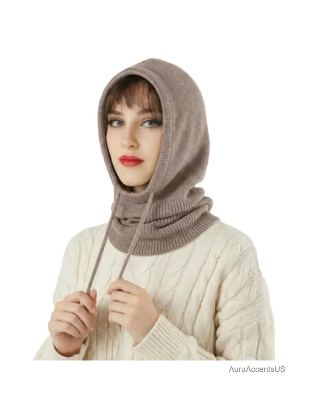 2-in-1 Hooded Scarf Knit Beanie Balaclava Neck Warmer Winter Outdoor